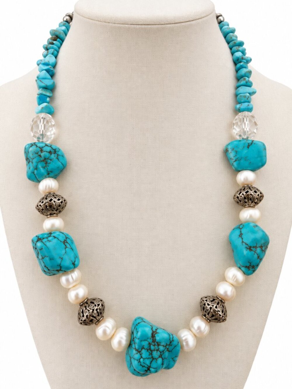 Turquoise Dyed Howlite Freshwater Pearl Agate Statement Necklace 18"